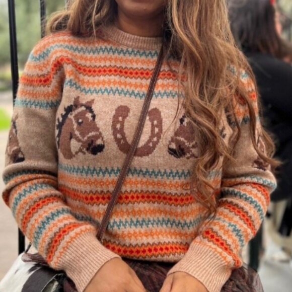 Multicolor Casual Women's Western Horse Graphic Sweater top - Picture 2 of 6